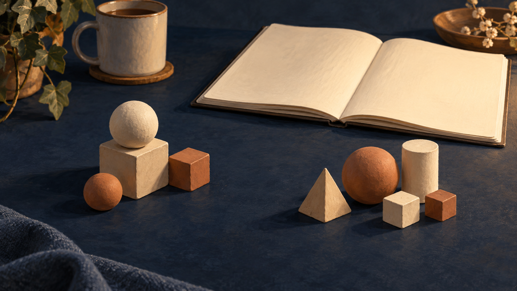 Conceptual illustration of two groups of cream and terracotta clay shapes on a navy tabletop beside an open blank notebook.