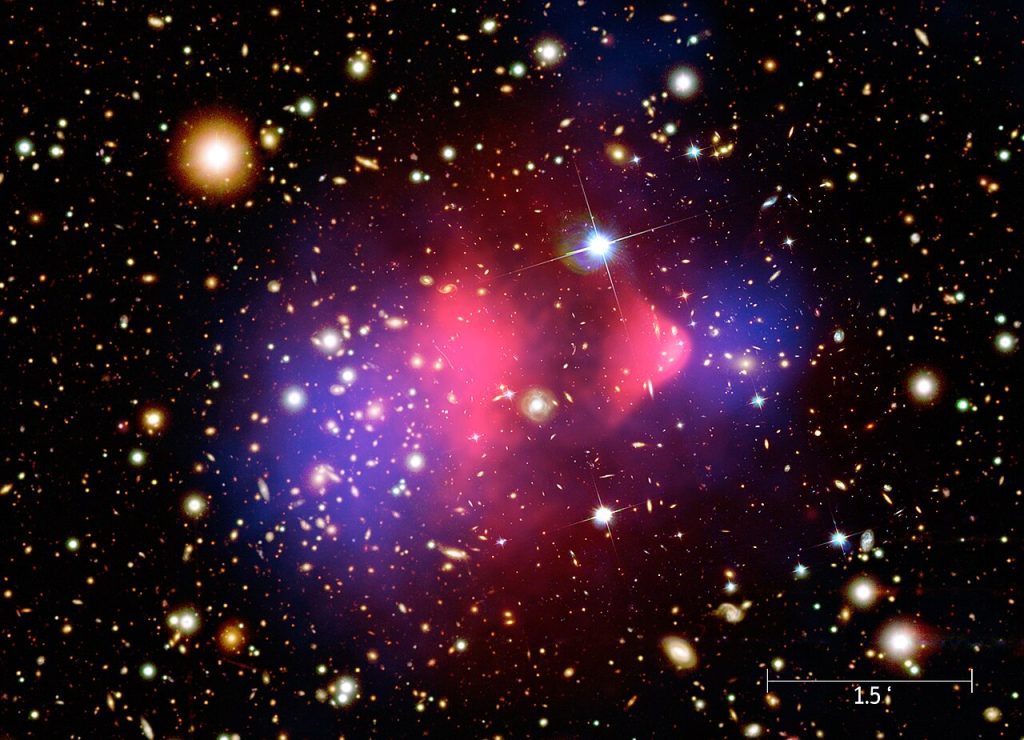 A starry field of small gold and white galaxies on black, with two glowing pink clouds in the middle, the right one shaped like a bullet. Two larger blue hazes sit to the left and right of the pink clouds, and a scale bar is in the lower right corner.