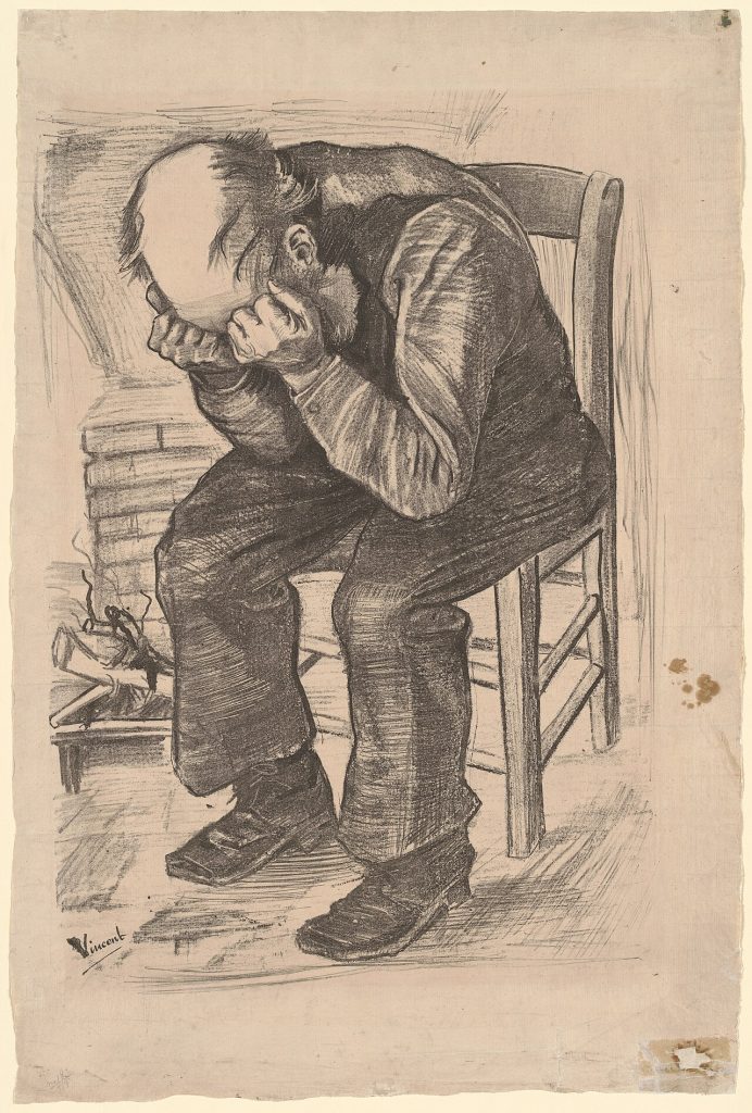 A dark print on pale paper of an old, balding man sitting on a wooden chair beside a small fireplace, bent forward with his face pressed into his fists.