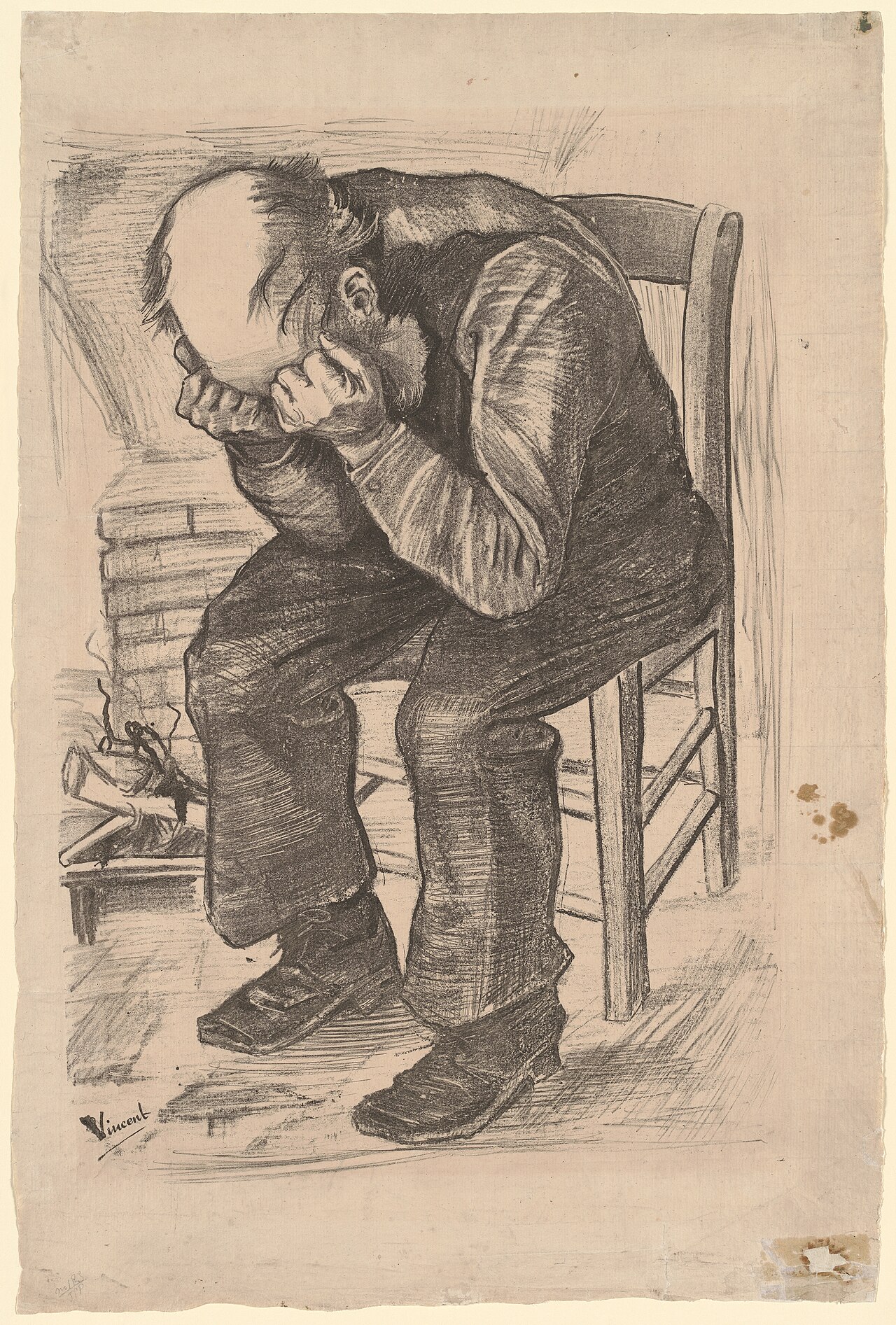 A dark print on pale paper of an old, balding man sitting on a wooden chair beside a small fireplace, bent forward with his face pressed into his fists.