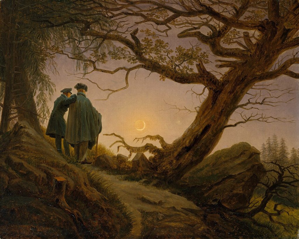 An oil painting of two men in long coats and caps, seen from behind on a rocky slope at dusk. One rests a hand on the other’s shoulder as they look at a thin crescent moon through the twisting branches of a large tree.