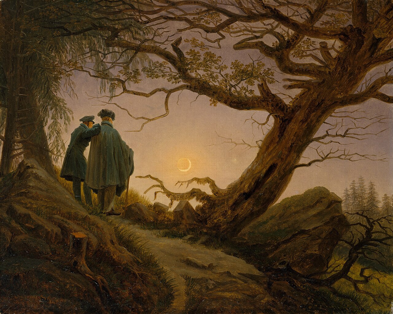 An oil painting of two men in long coats and caps, seen from behind on a rocky slope at dusk. One rests a hand on the other’s shoulder as they look at a thin crescent moon through the twisting branches of a large tree.