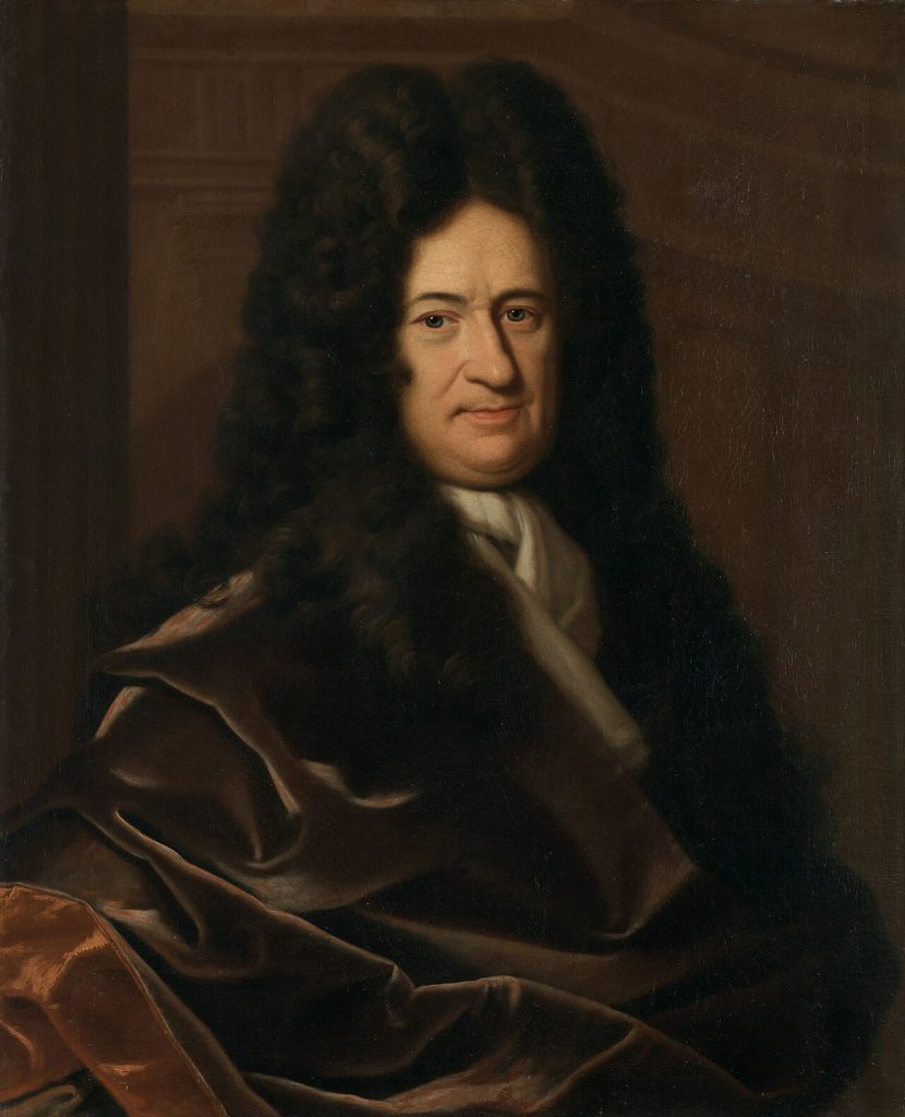 Oil portrait of a pale, round-faced older man with a long, dark, curly wig falling past his shoulders. He wears a white cravat and a brown velvet cloak draped across his body, and he looks toward the viewer with a slight smile against a dark brown background.