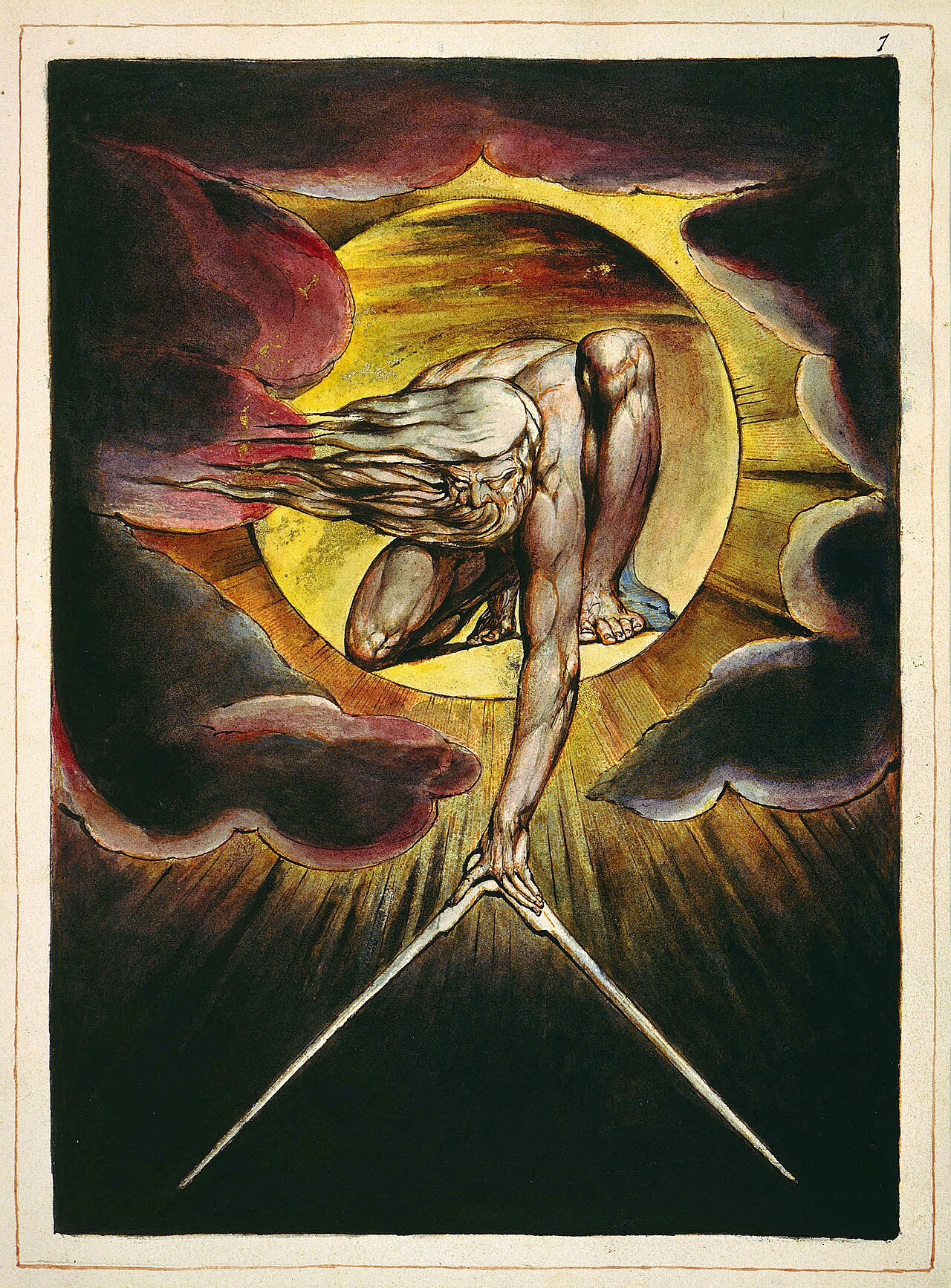 A painting of an old man with long white hair and beard crouching inside a glowing yellow circle among dark red clouds. He reaches down with one arm holding a pair of dividers, a drawing compass whose two points stretch into the darkness below.