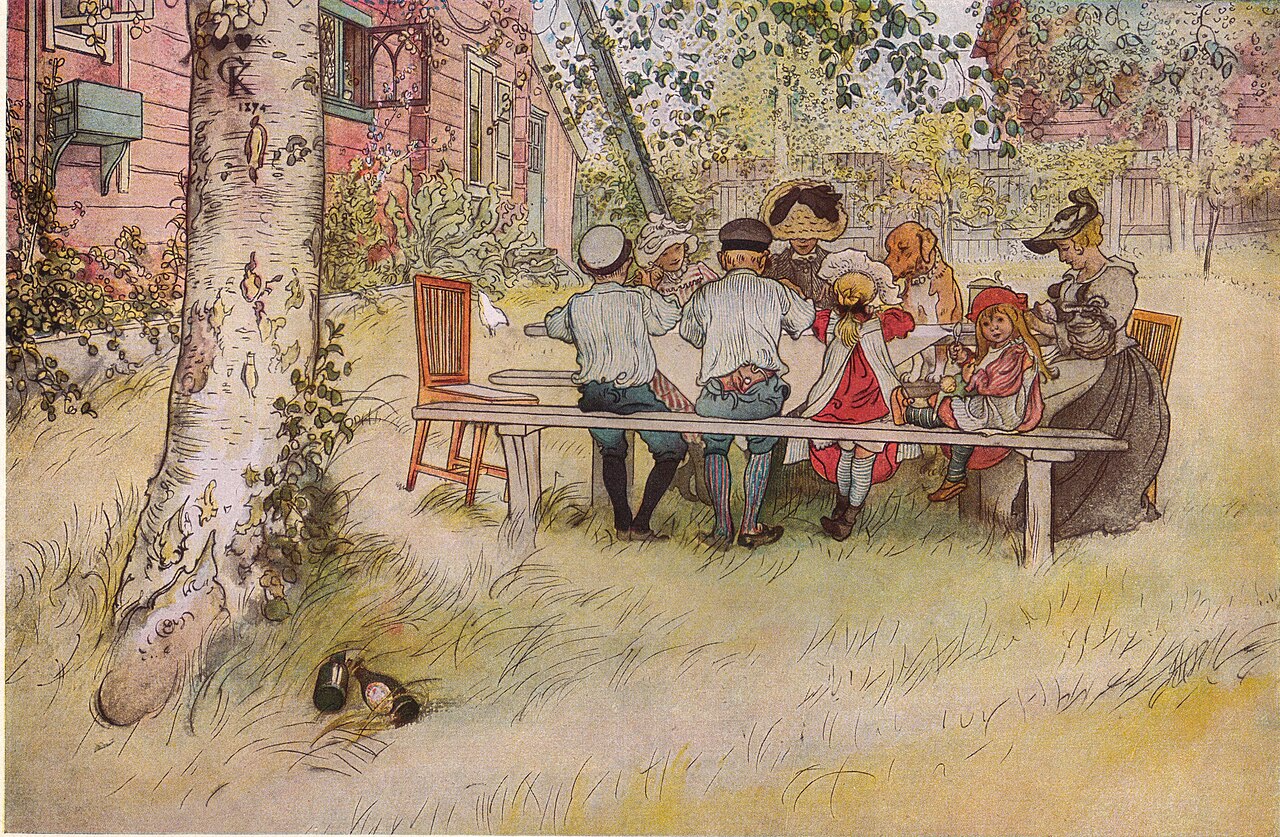 A watercolour of a family eating outdoors at a long wooden table beside the trunk of a large birch tree, with a red wooden house behind them. Children in caps, bonnets and red dresses sit with a woman in a hat, and a brown dog sits up at the table.