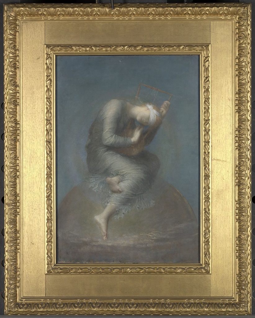 A painting in a wide gold frame of a barefoot woman in a pale, flowing gown, blindfolded with a white cloth, sitting hunched on top of a large brownish globe against a blue-gray background. She bends her head close to a small wooden lyre whose strings mostly hang loose.
