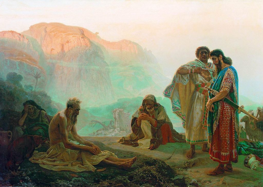 A painting of a thin, gray-bearded man sitting bare-chested on the ground in a rocky valley. A woman sits behind him with her head in her hand, an older man sits hunched nearby, and two men in bright robes stand close by, looking on.