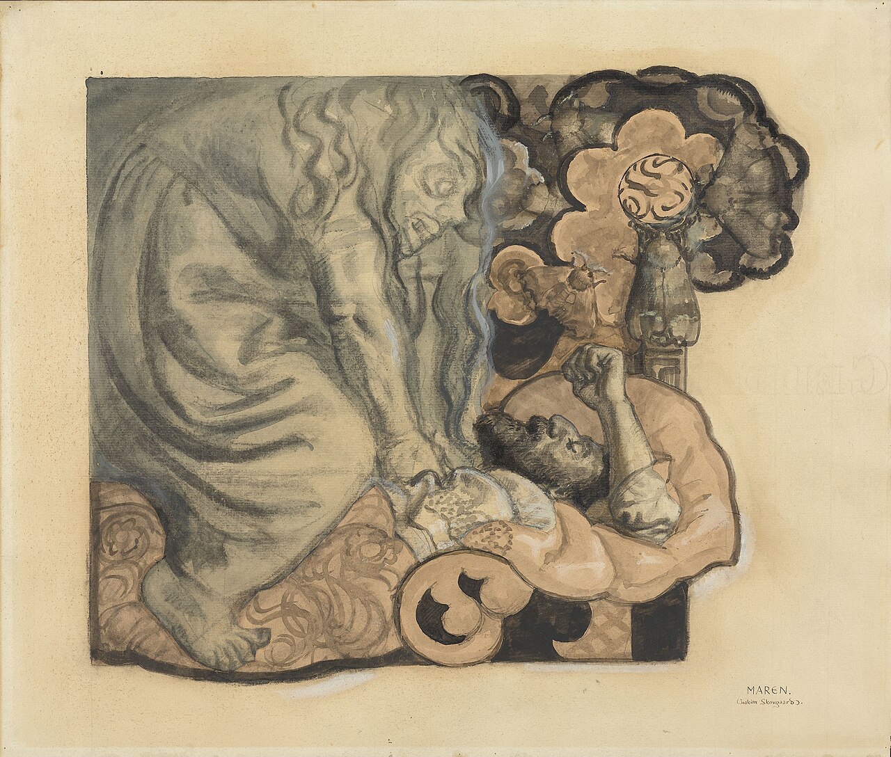Ink and wash drawing of a tall, ghostly grey figure with long wavy hair and a gaunt face leaning over a bed and pressing down with its hands, while a bearded man lies beneath it with his head thrown back, eyes closed, mouth open and one fist raised.