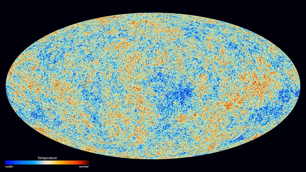 An oval map of the whole sky on a black background, speckled all over with small blotches of blue and orange, lighter blue and pale yellow, with a large darker blue patch near the center. A color bar at the lower left is labeled Temperature, running from cooler in blue to warmer in red.