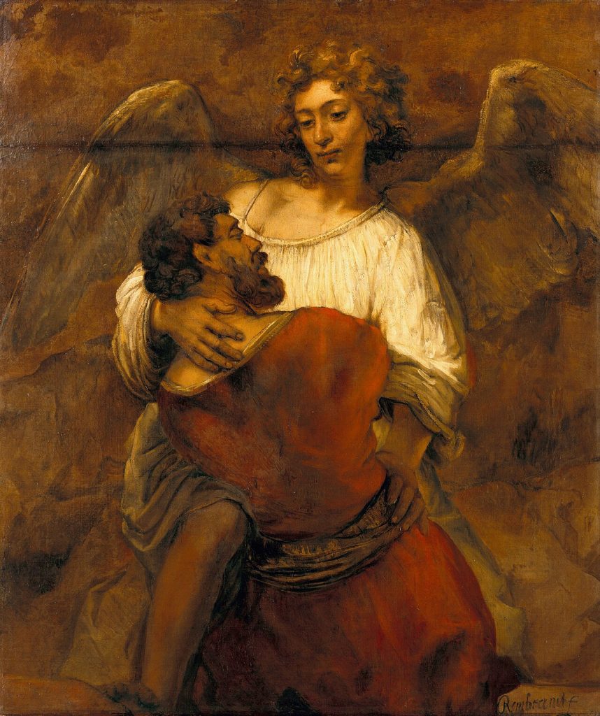 A painting in warm browns of a winged angel with curly hair and a white robe, calmly holding a bearded man in a red tunic by the neck and waist while the man strains against him with his head tipped back.