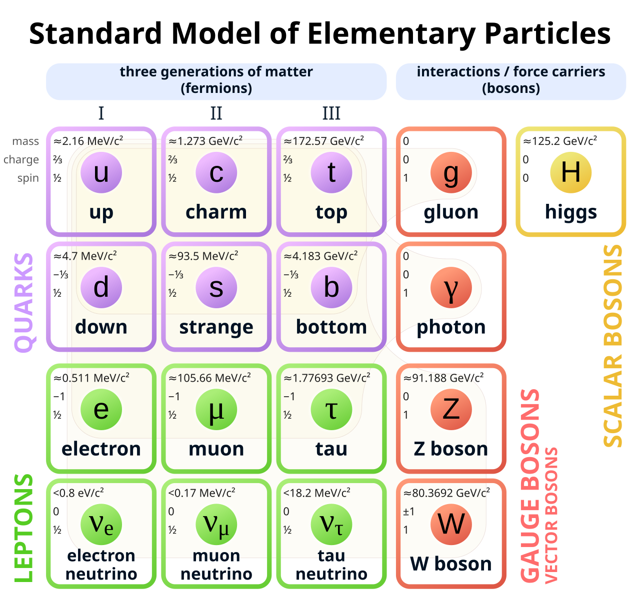 A chart titled Standard Model of Elementary Particles: a grid of colored boxes with purple quarks and green leptons in three columns, red force-carrier bosons (gluon, photon, Z and W) in a fourth column, and a yellow Higgs box, each showing mass, charge and spin.