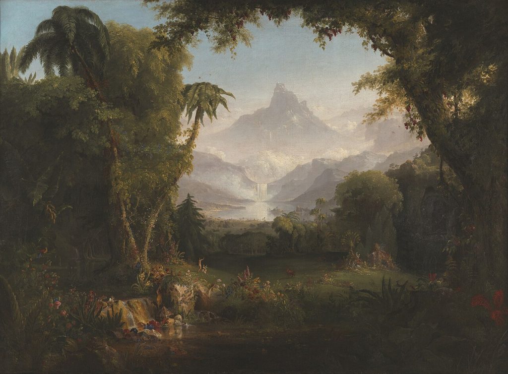 Lush painted landscape framed by dark trees and palms. It opens onto a sunlit meadow, a lake, a waterfall and a tall misty mountain, with two tiny human figures standing in the meadow.