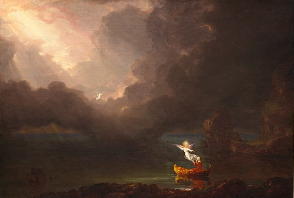 A dark painting of a calm sea under heavy storm clouds. An old man sits in a small golden boat, and a glowing angel hovers beside him, gesturing up toward a break in the clouds where light streams down and a small winged figure floats.
