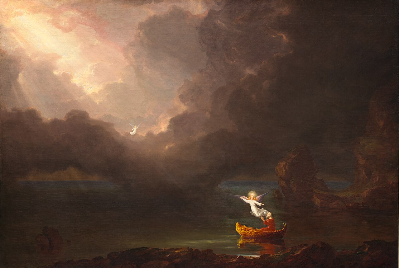 A dark painting of a calm sea under heavy storm clouds. An old man sits in a small golden boat, and a glowing angel hovers beside him, gesturing up toward a break in the clouds where light streams down and a small winged figure floats.