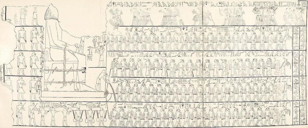 Black-and-white line drawing of an ancient Egyptian wall scene. A giant seated statue rides on a sledge at the left. Rows of men pull it with long ropes, a man at the front of the sledge pours liquid onto the ground, and men below carry water jars hanging from poles.