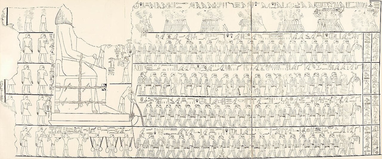 Black-and-white line drawing of an ancient Egyptian wall scene. A giant seated statue rides on a sledge at the left. Rows of men pull it with long ropes, a man at the front of the sledge pours liquid onto the ground, and men below carry water jars hanging from poles.