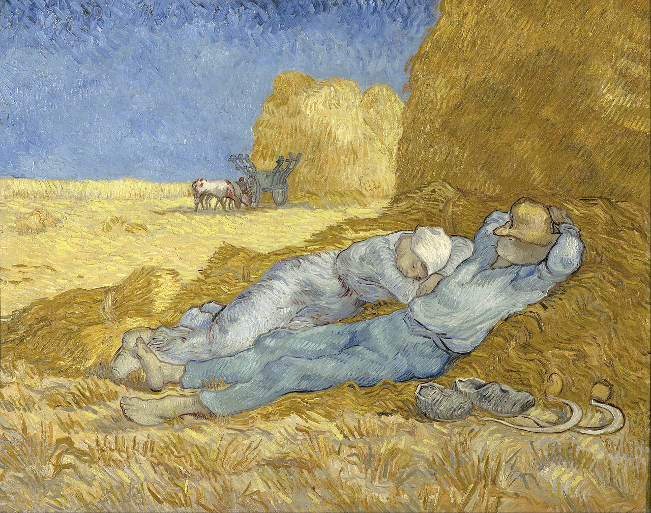 Painting in thick, swirling brushstrokes of a man and a woman asleep on golden hay in the shade of a tall haystack, his straw hat pulled over his face and his hands behind his head, her head in a white bonnet resting near him. Their wooden shoes and two sickles lie beside them, and an ox cart stands in a cut wheat field under a blue sky.