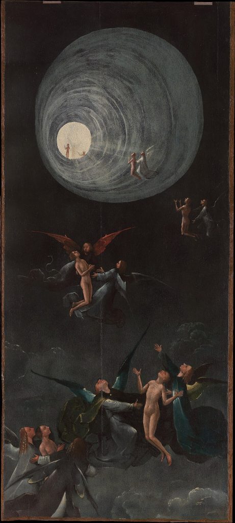 A tall, dark painting in which winged figures carry pale human figures upward through clouds toward a large glowing tunnel, with a bright white opening at its far end.