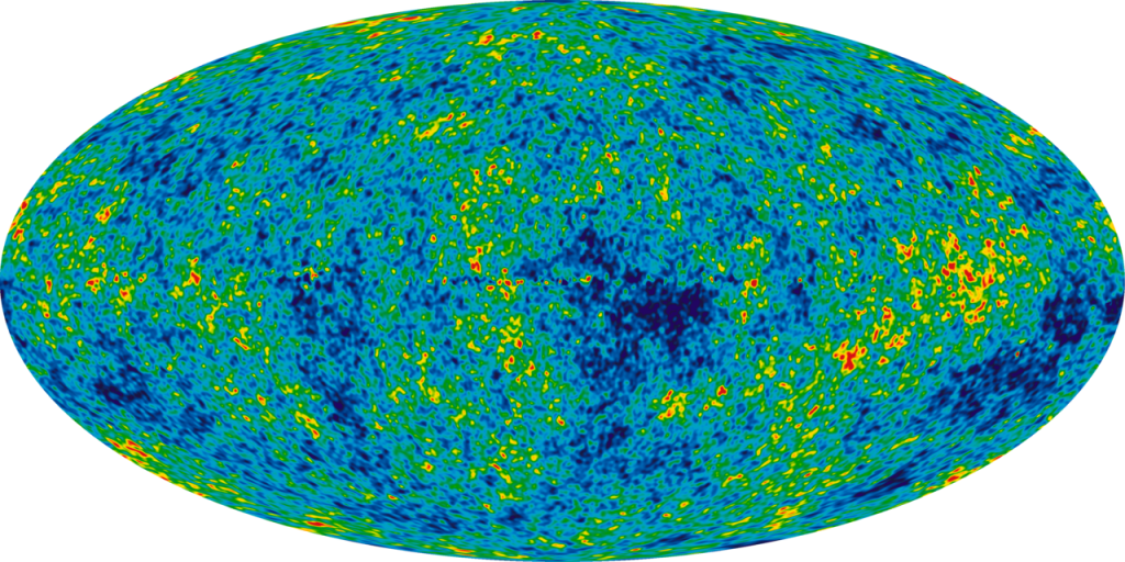 An oval map of the whole sky covered in speckles of dark blue, light blue, green, yellow and red.