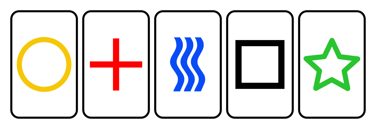 Five white cards with black borders in a row, showing a yellow circle, a red cross, three blue wavy lines, a black square and a green star.