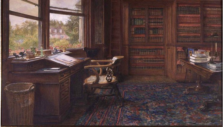A watercolor of a quiet study. An empty wooden armchair stands pulled back from a writing desk beside a tall window that looks out on trees and a brick house. Shelves of books line the back wall, and a patterned red and blue carpet covers the floor.