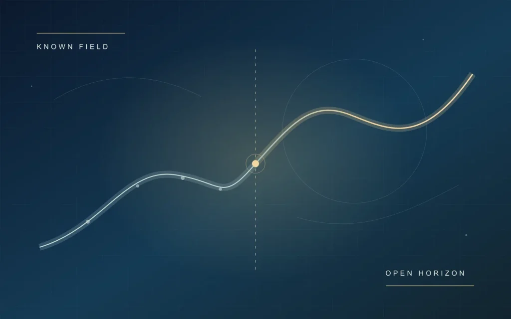 An abstract curve crosses a boundary from a known field into an open horizon.