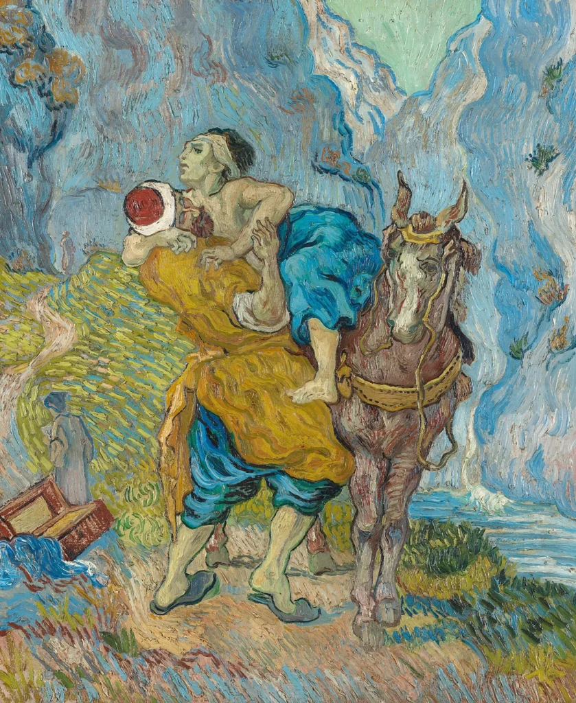 Painting in swirling blues and yellows of a man straining to lift a wounded, half-dressed traveler onto a horse beside a mountain road, while a distant figure walks away.