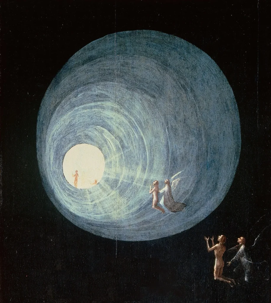 Dark painting of a glowing, funnel-shaped tunnel of pale blue light with a bright opening at its far end. Small human figures, some guided by winged angels, rise toward the light.