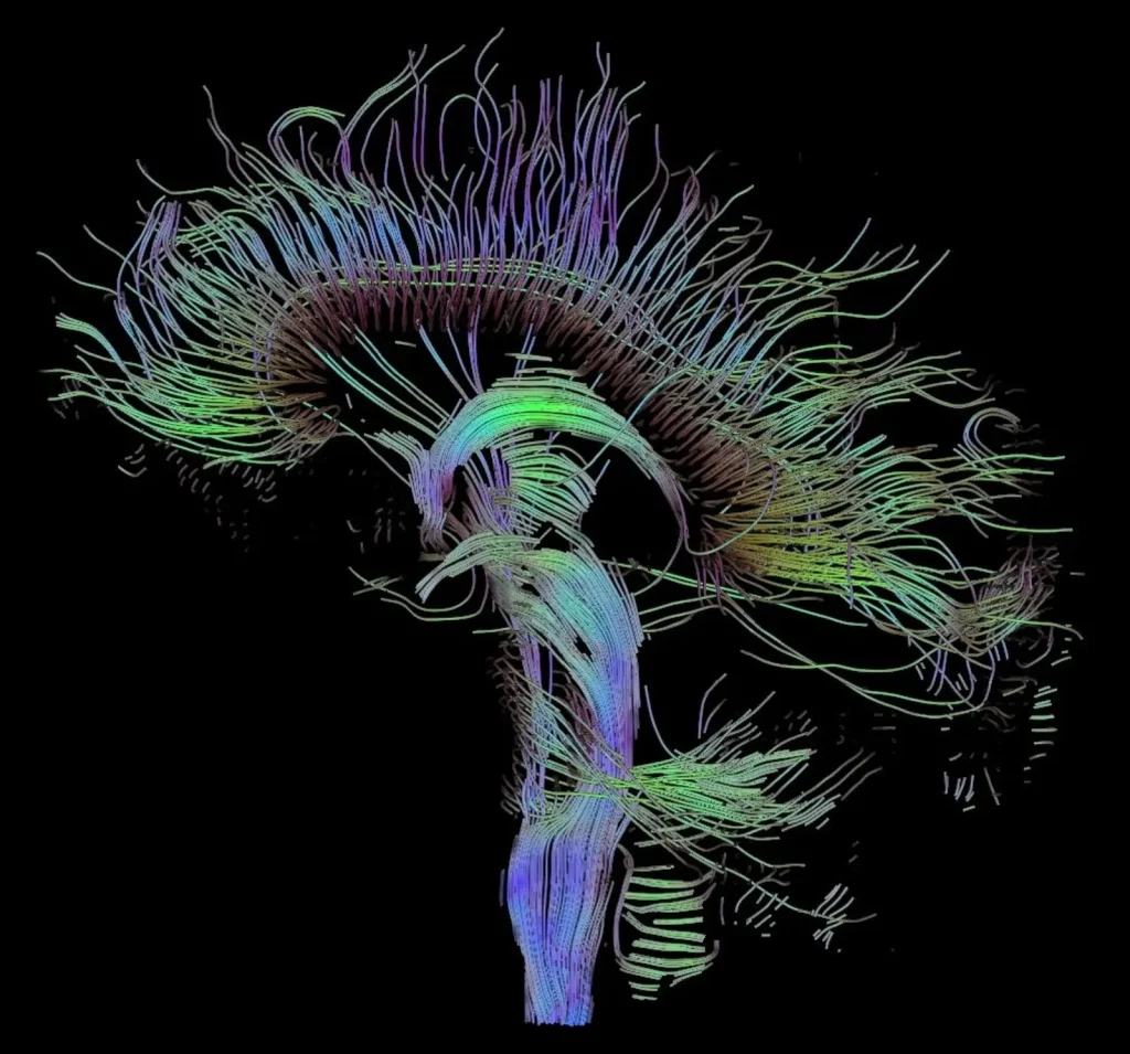 Side view of a human brain drawn as thousands of thin colored strands on a black background, with arching bundles across the top and a thick blue bundle running down toward the spinal cord.