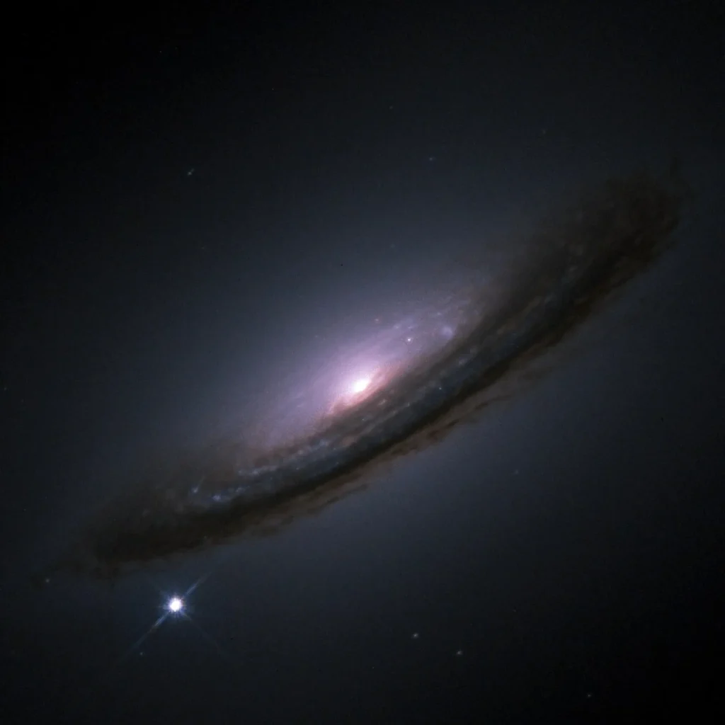 A tilted disk galaxy with a glowing core and dark dust lanes against black space. At lower left, a single bright point of light with small spikes marks an exploding star.