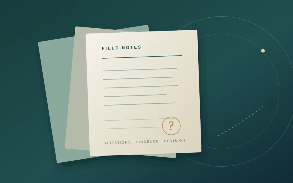 Layered research folios with abstract notes and a question mark on a green-blue desk.