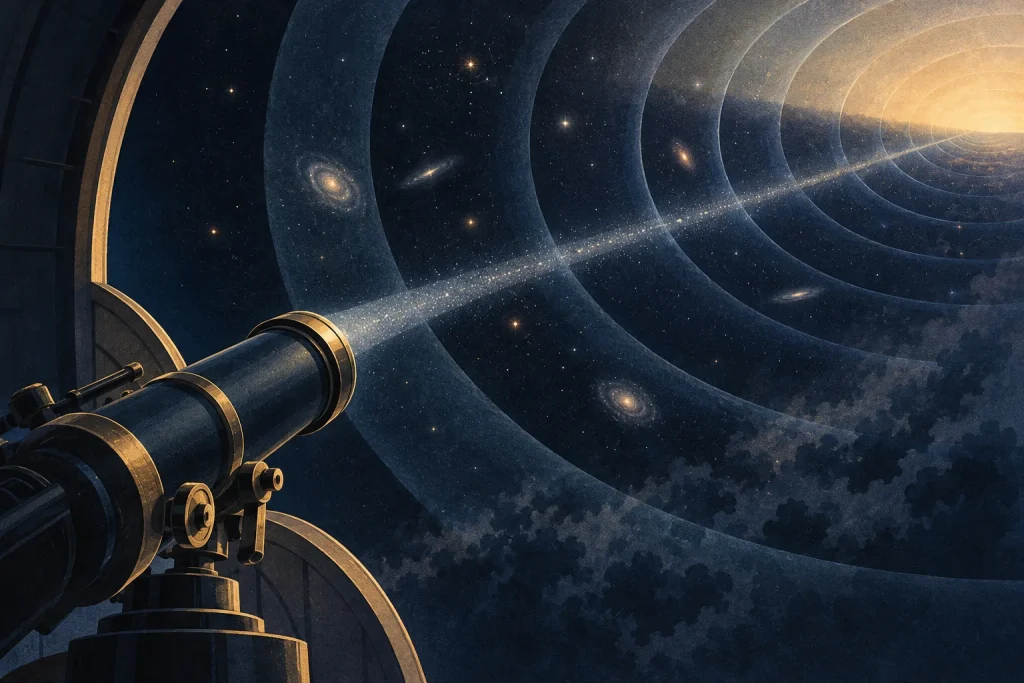 A brass telescope instrument pointed toward luminous arcs in a conceptual night sky.