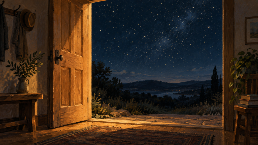 An open wooden door leads from a warmly lit room toward a starry sky, distant hills and water.