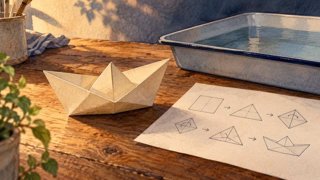 A cream paper boat rests beside folding diagrams and a tray of water on a warmly lit wooden table. Conceptual illustration.
