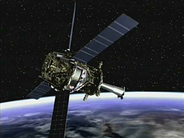 Artist’s illustration of a metallic spacecraft with dark solar panels above Earth’s curved blue and white horizon.