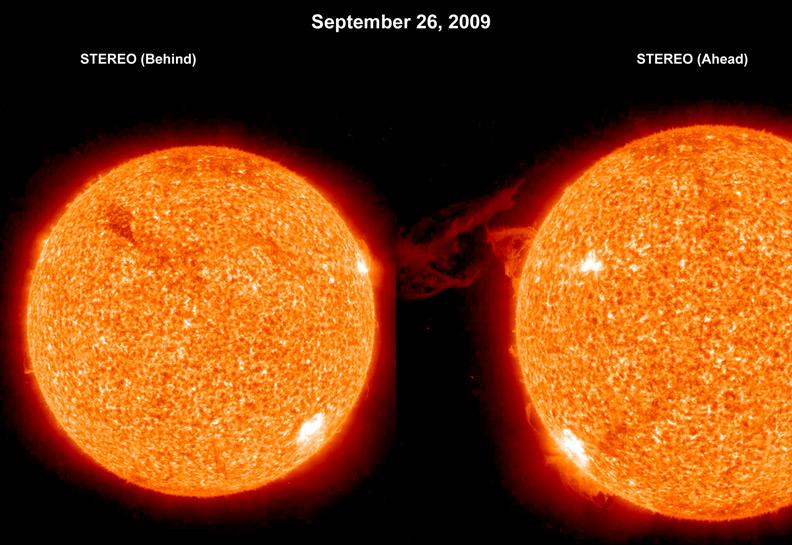 Two orange views of the Sun against black space, labeled STEREO Behind and Ahead, show a prominence between them.