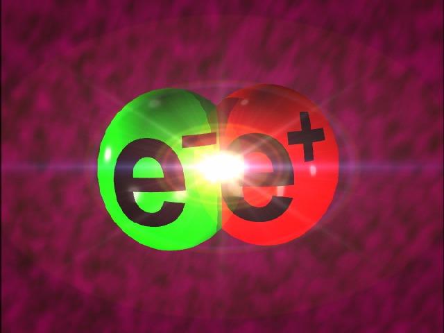 Green and red spheres marked e− and e+ meet at a bright point against a purple background.