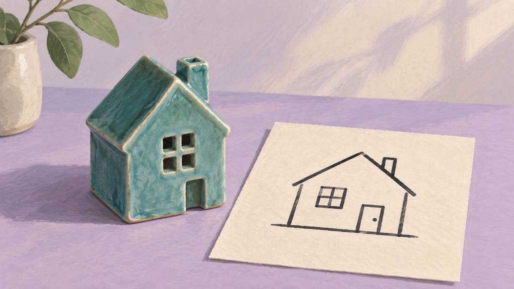 A small teal ceramic house sits beside a simple house drawing on cream paper. Conceptual illustration.