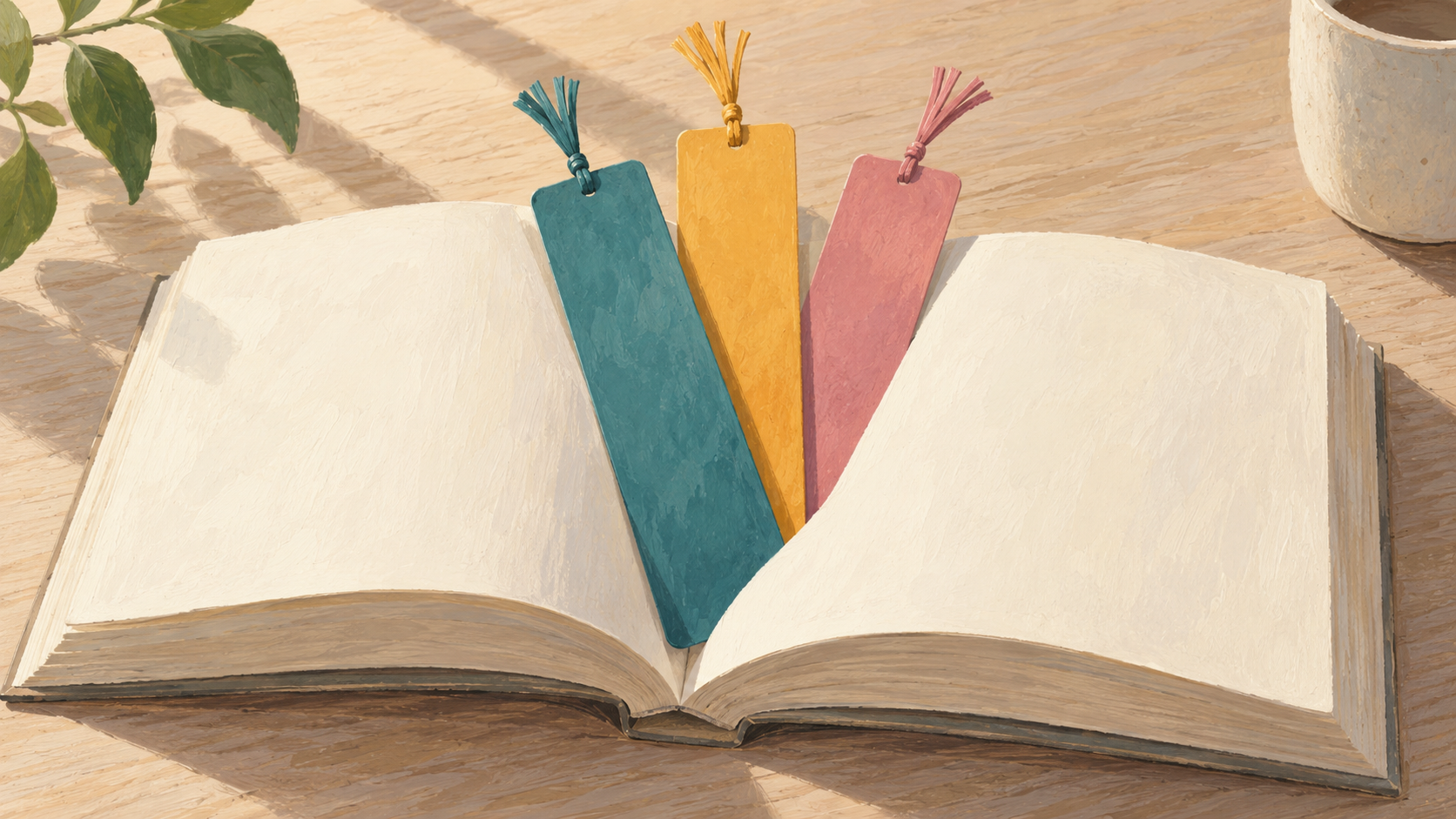 Three differently colored bookmarks rest between the cream pages of an open book. Conceptual illustration.