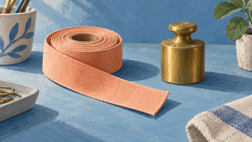 A rolled peach cloth tape and plain brass weight rest on a blue surface. Conceptual illustration.
