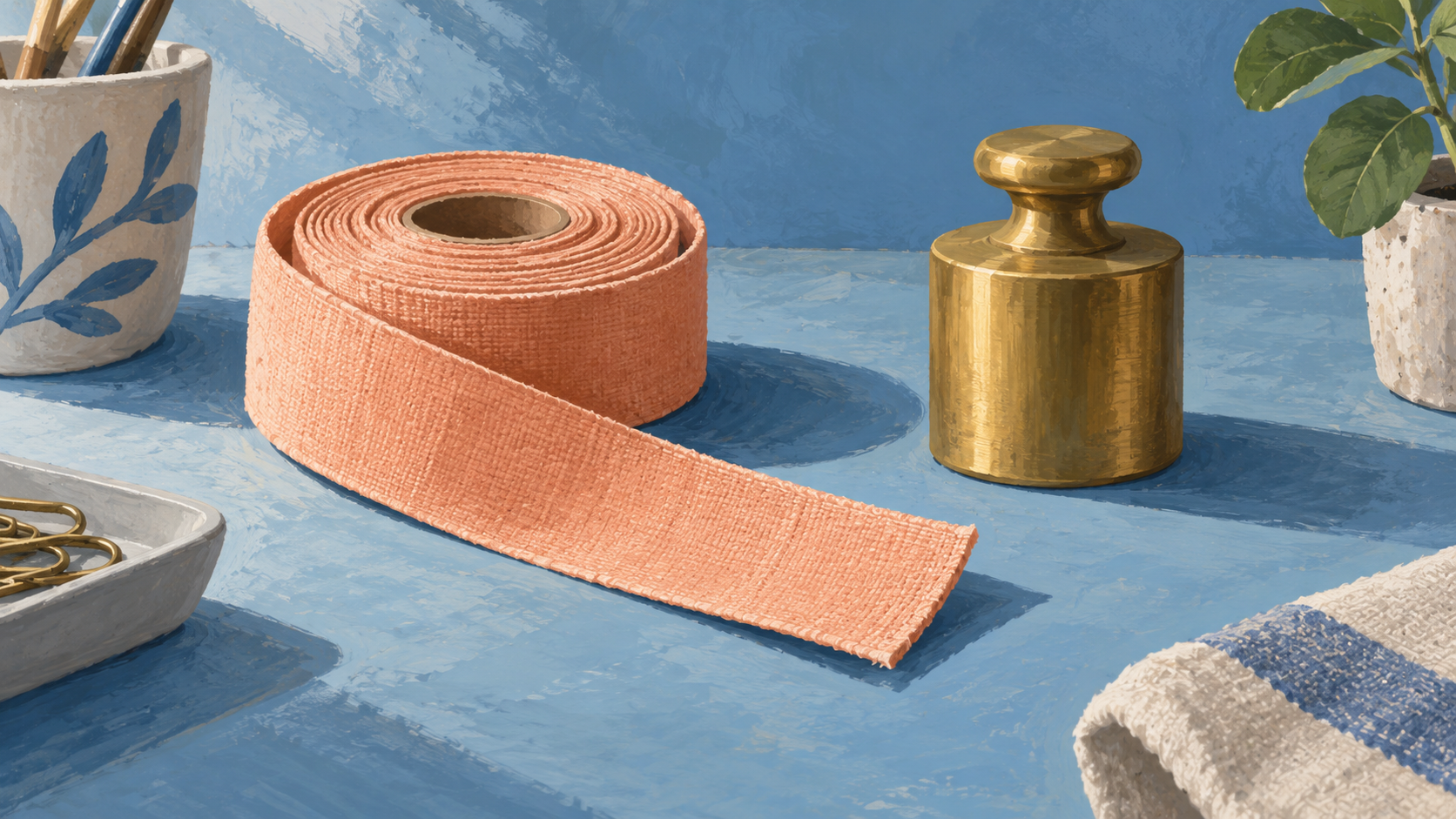 A rolled peach cloth tape and plain brass weight rest on a blue surface. Conceptual illustration.