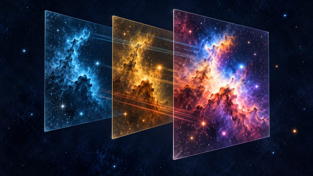 Conceptual illustration of three translucent image plates showing a cloud of stars in blue, gold and violet, suggesting measured light translated into display colors.