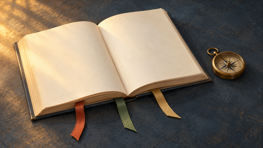 An open blank book with terracotta, green and gold bookmarks rests beside a brass compass. Conceptual illustration.