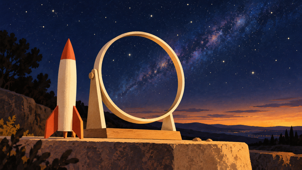 An illustrated model rocket stands beside an open circular sky-viewing frame beneath stars. Conceptual artwork.